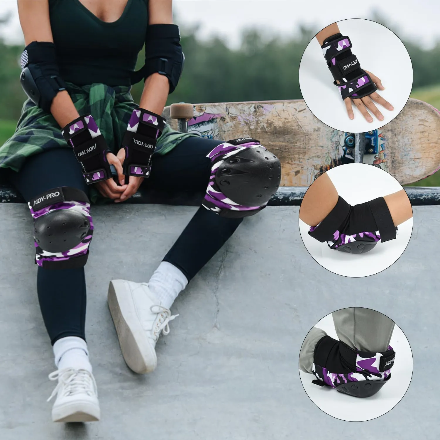 Adult Knee Pads and Elbow Pads Set Skateboard Protective Gear, Skateboard Wrist Guards Adult for Roller Skating Skateboarding Biking Pink