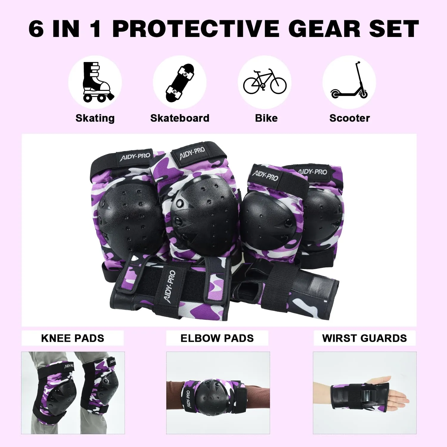 Adult Knee Pads and Elbow Pads Set Skateboard Protective Gear, Skateboard Wrist Guards Adult for Roller Skating Skateboarding Biking Pink