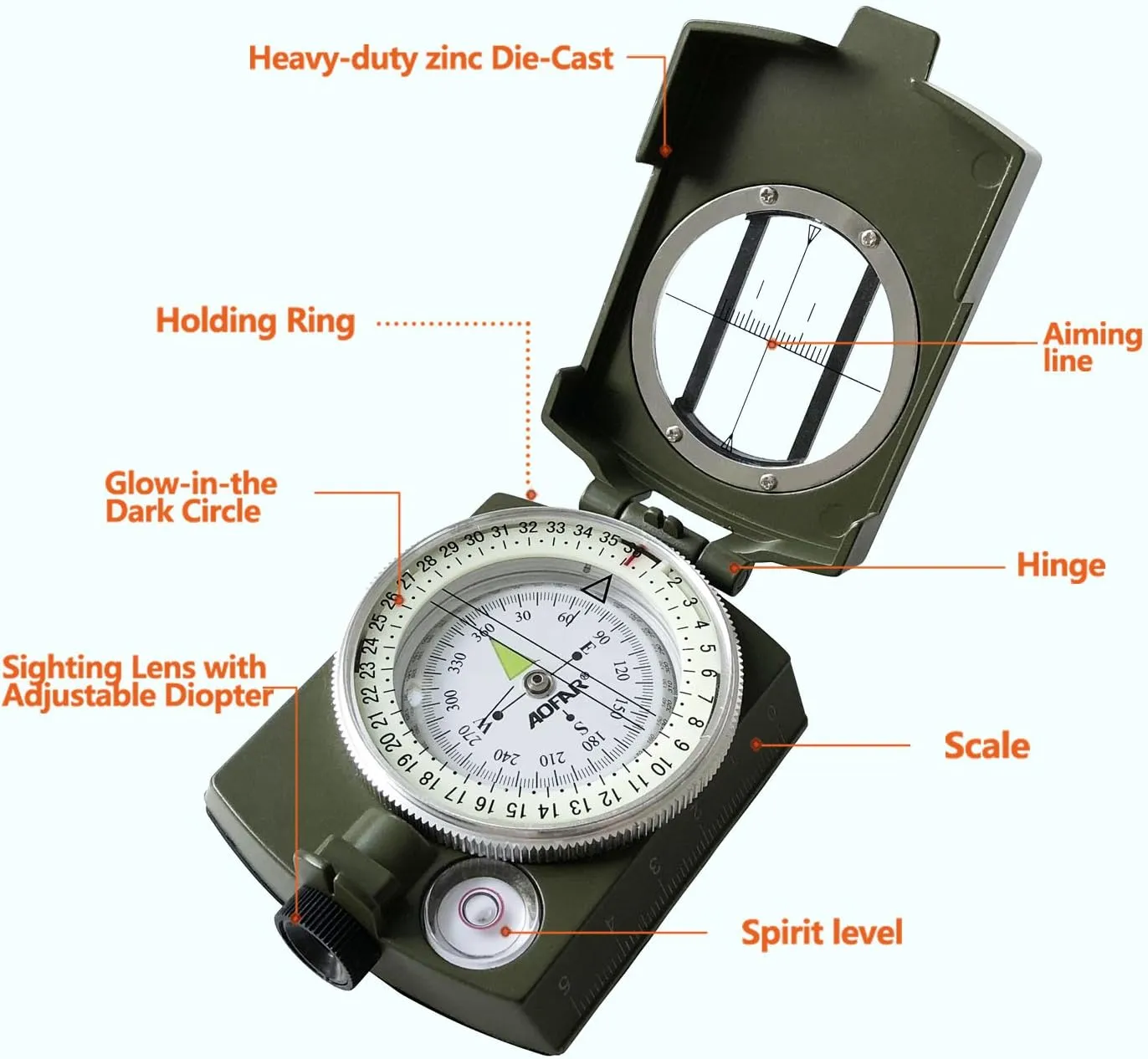 AOFAR Military Compass,AF-4580 Lensatic Sighting, Waterproof and Shakeproof with Map Measurer Distance Calculator, Pouch for Camping, Hiking