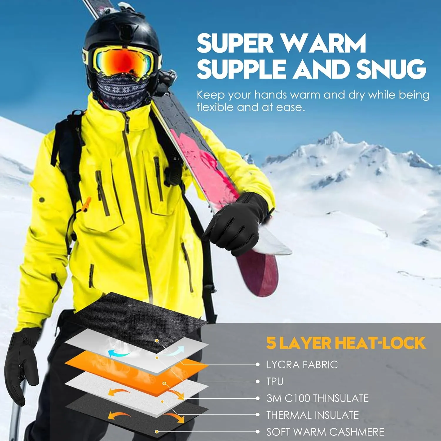Bruvoalon Y322 Winter Gloves for Men & Women, -30 Waterproof Touchscreen 5-Layer Thermal Insulated Snow Gloves, Windproof Anti-Slip Ski Gloves for Cycling, Hiking, Driving, Work