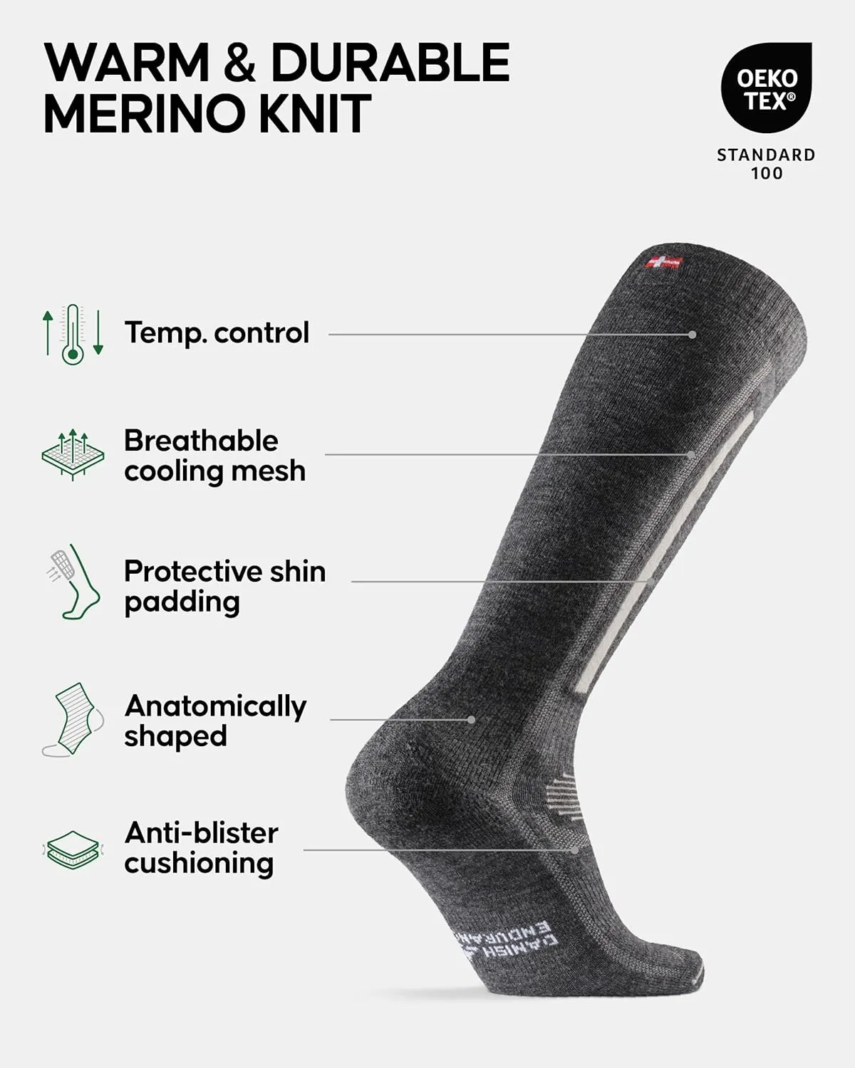 DANISH ENDURANCE Merino Wool Thermal Ski Socks, Shin Padding, Warm, for Men & Women 1 or 2 Pack