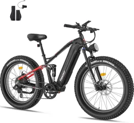 FREESKY 48V 23Ah 1500W Electric Bike, 35MPH Full Suspension Mountain E-bike, 26" Fat Tires Off-Road All-Terrain E Bicycle for Adults, 45-90 Miles Range, with Smart Keys, 7-Speed, Hydraulic Disc Brakes