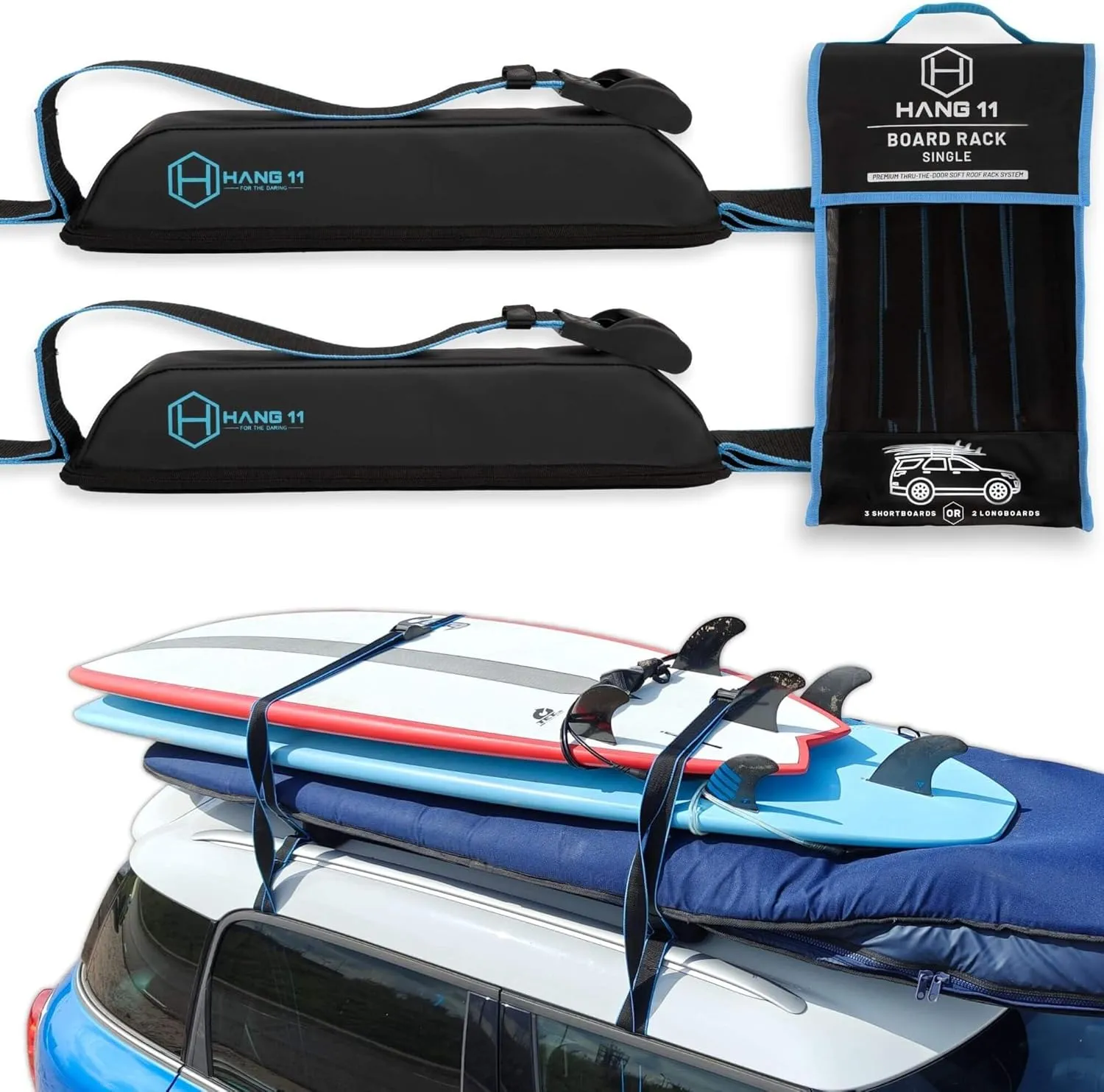 Hang 11 Surfboard Roof Rack - Premium Surfboard Car Rack, Soft Universal Roof Carrier for Surf Board Paddle Board & SUP, Extra-Wide 1.5" Straps, Fits Any Vehicle, Carries up to 3 Boards