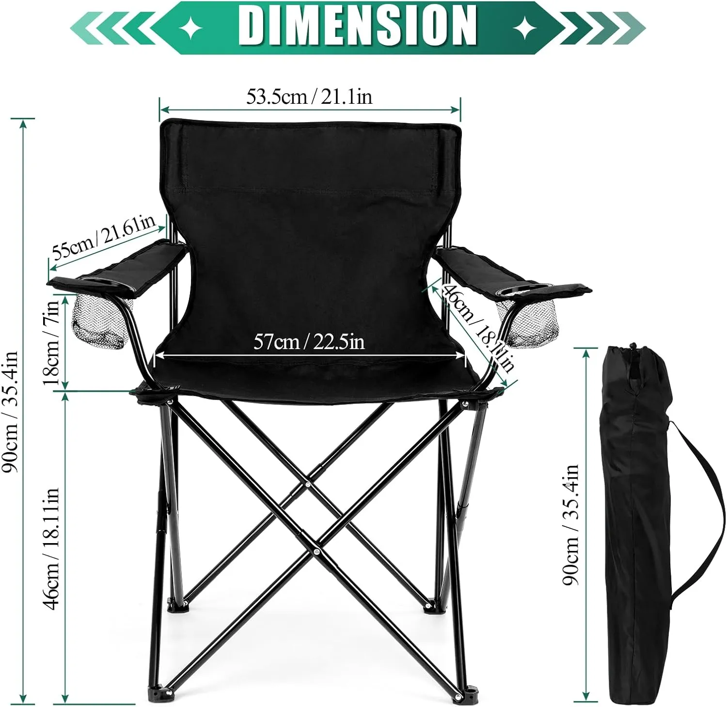 HaSteeL Camping Chair, Oversized Folding Lawn Chair for Adults, Foldable Camp Chair with Cup Holders Portable for Outdoor Fishing, Hiking, Travel, Picnic, Beach, Carrying Bag & Supports 275lbs (Black)