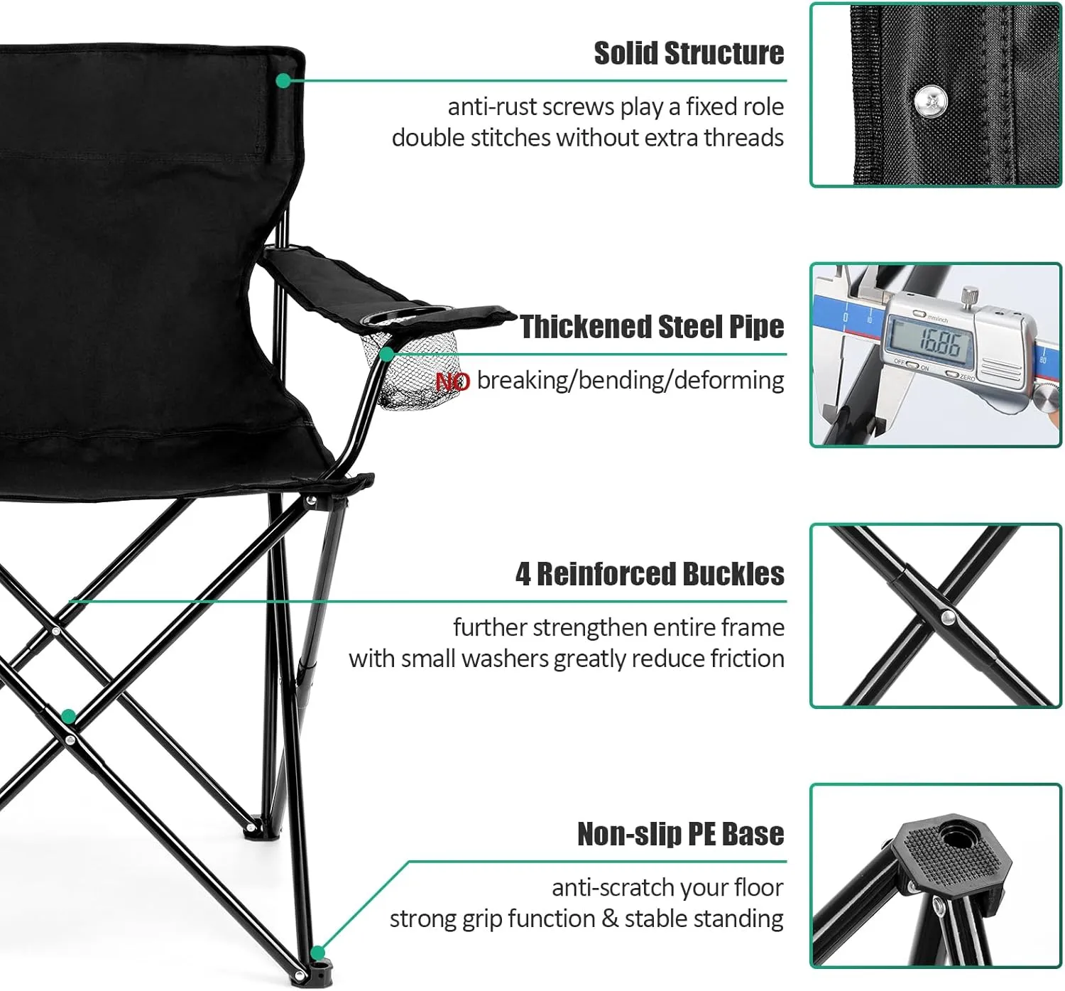 HaSteeL Camping Chair, Oversized Folding Lawn Chair for Adults, Foldable Camp Chair with Cup Holders Portable for Outdoor Fishing, Hiking, Travel, Picnic, Beach, Carrying Bag & Supports 275lbs (Black)