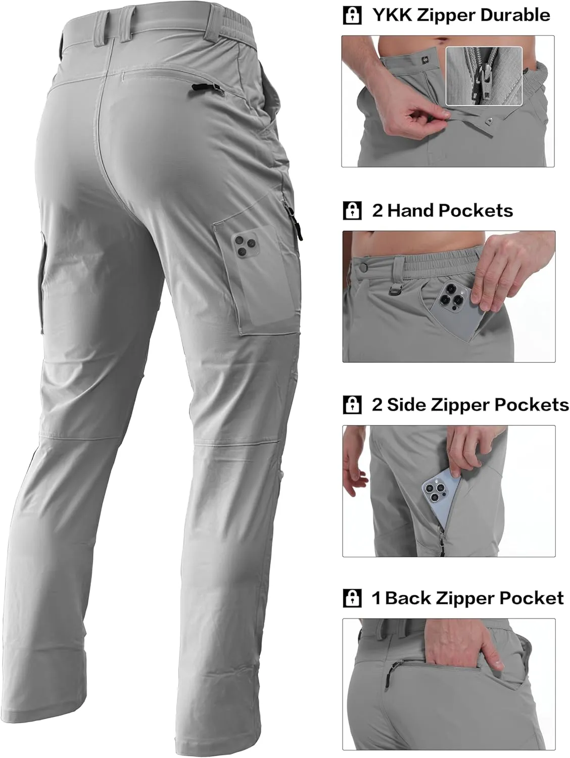 Men's Lightweight Hiking Pants Quick Dry Waterproof Stretch Travel Fishing Camping Work Cargo Pants Zipper Pockets