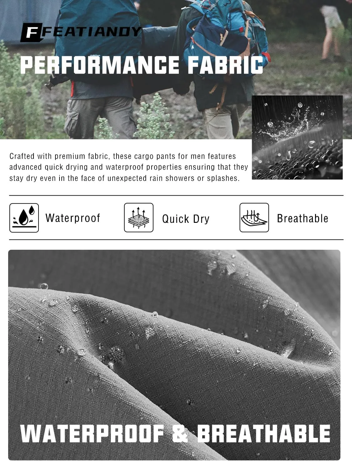 Men's Lightweight Hiking Pants Quick Dry Waterproof Stretch Travel Fishing Camping Work Cargo Pants Zipper Pockets