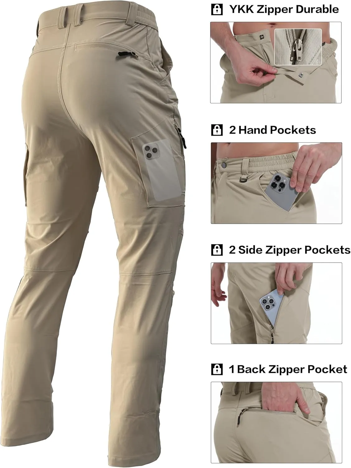 Men's Lightweight Hiking Pants Quick Dry Waterproof Stretch Travel Fishing Camping Work Cargo Pants Zipper Pockets
