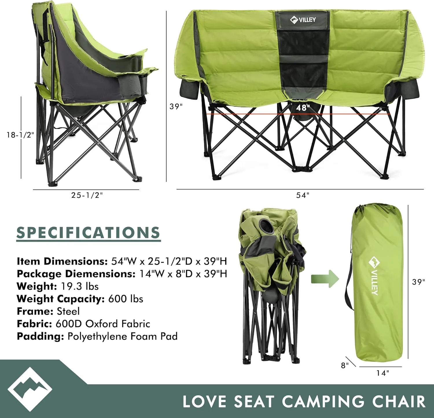 VILLEY Double Camping Chair w/Cooler Bag, Extra Wide Loveseat, Heavy Duty Padded Camping Couch, Portable Folding Chair w/Carry Bag Steel Frame Cup Holders for Camp Lawn Picnic Sports, Support 600LBS