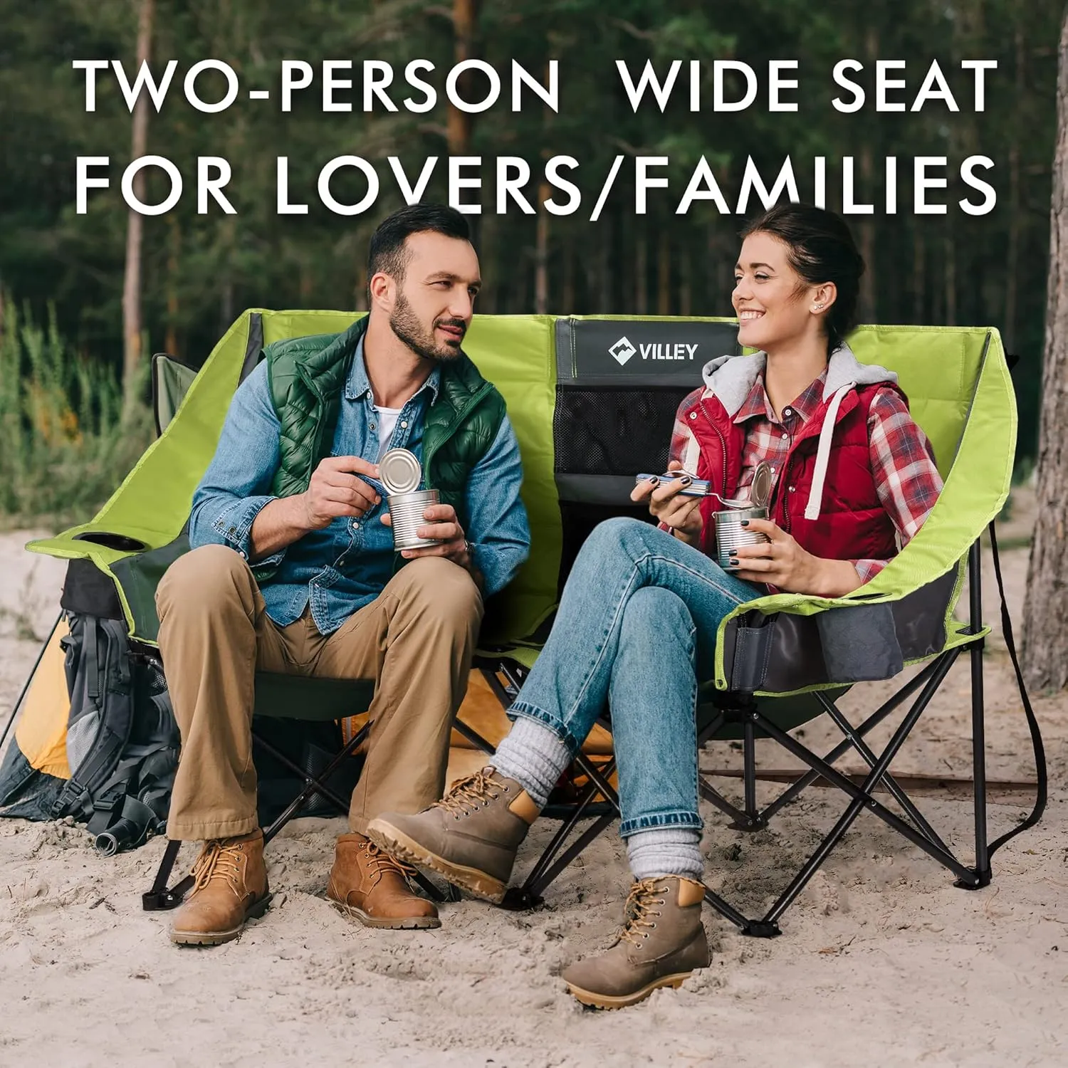 VILLEY Double Camping Chair w/Cooler Bag, Extra Wide Loveseat, Heavy Duty Padded Camping Couch, Portable Folding Chair w/Carry Bag Steel Frame Cup Holders for Camp Lawn Picnic Sports, Support 600LBS
