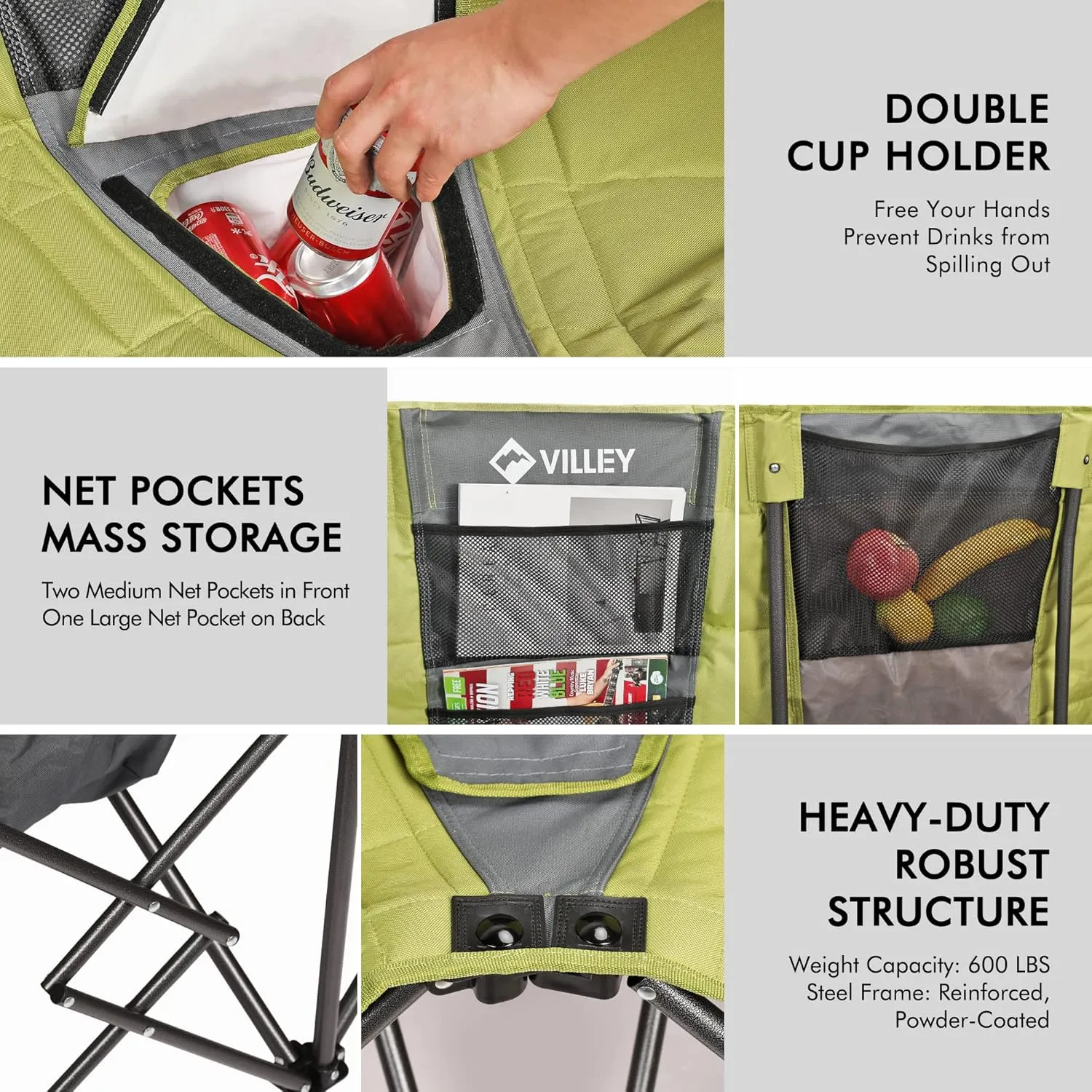VILLEY Double Camping Chair w/Cooler Bag, Extra Wide Loveseat, Heavy Duty Padded Camping Couch, Portable Folding Chair w/Carry Bag Steel Frame Cup Holders for Camp Lawn Picnic Sports, Support 600LBS