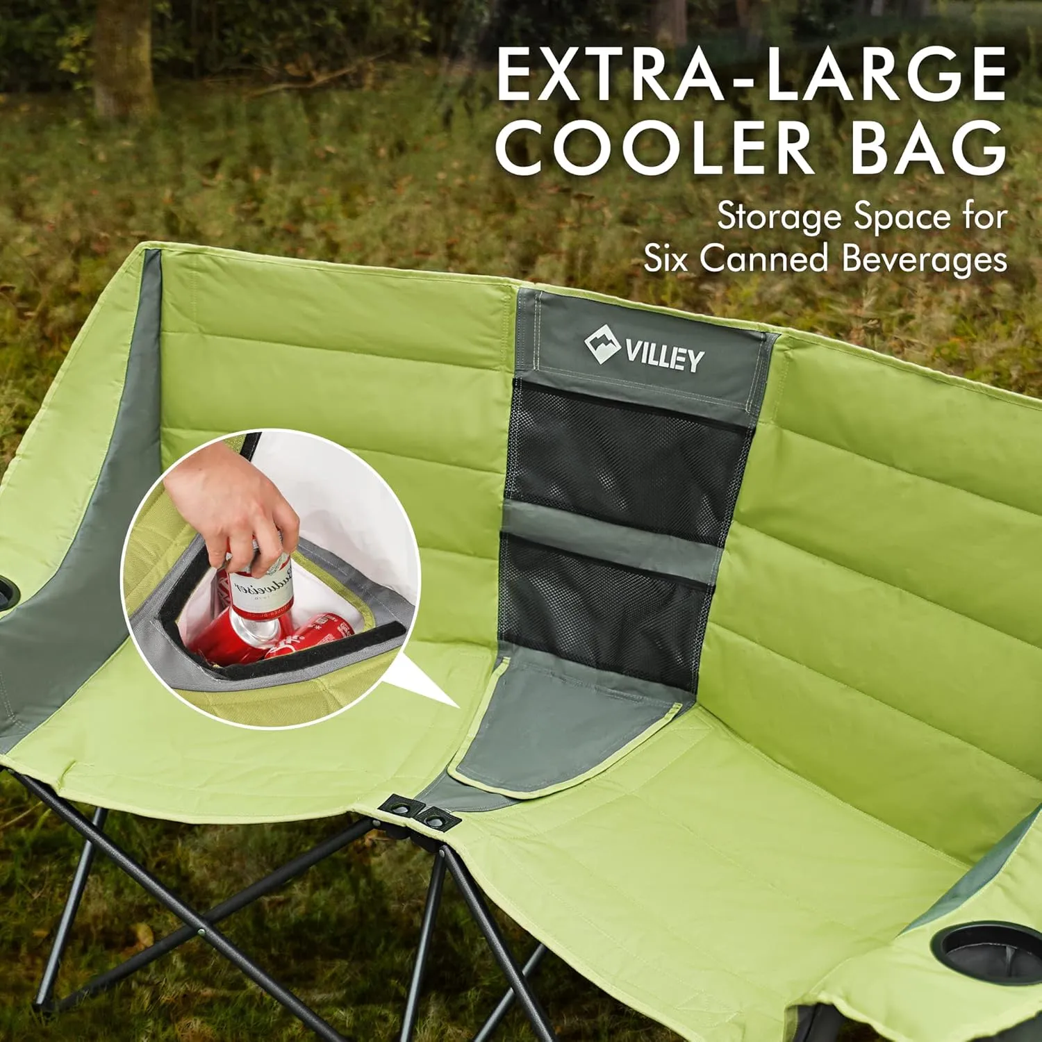 VILLEY Double Camping Chair w/Cooler Bag, Extra Wide Loveseat, Heavy Duty Padded Camping Couch, Portable Folding Chair w/Carry Bag Steel Frame Cup Holders for Camp Lawn Picnic Sports, Support 600LBS