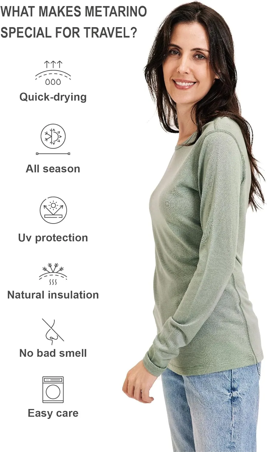 Women's 100% Merino Wool Base Layer Shirt Long Sleeve Thermal Underwear Crewneck Casual Tee Tops for Hiking Travel Skiing