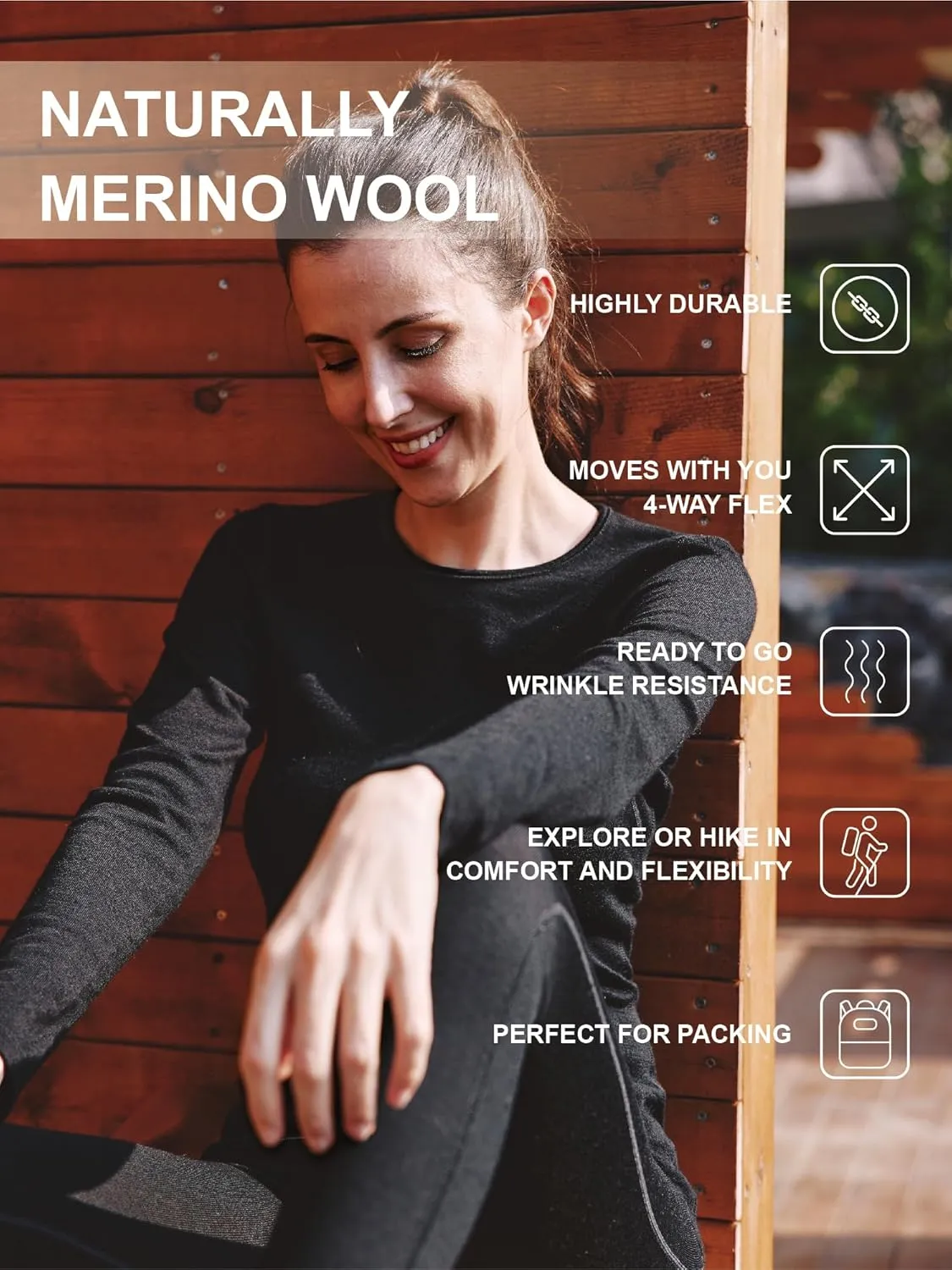 Women's 100% Merino Wool Base Layer Shirt Long Sleeve Thermal Underwear Crewneck Casual Tee Tops for Hiking Travel Skiing