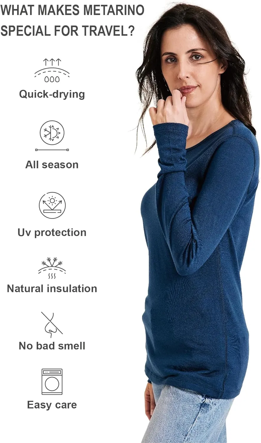 Women's 100% Merino Wool Base Layer Shirt Long Sleeve Thermal Underwear Crewneck Casual Tee Tops for Hiking Travel Skiing