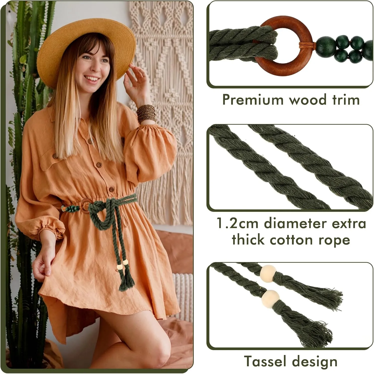 Women's Tassel Braided Waist Belt, Skinny Woven Belt for Dress Waist Belt Rope Chain with Woven Wooden Beads
