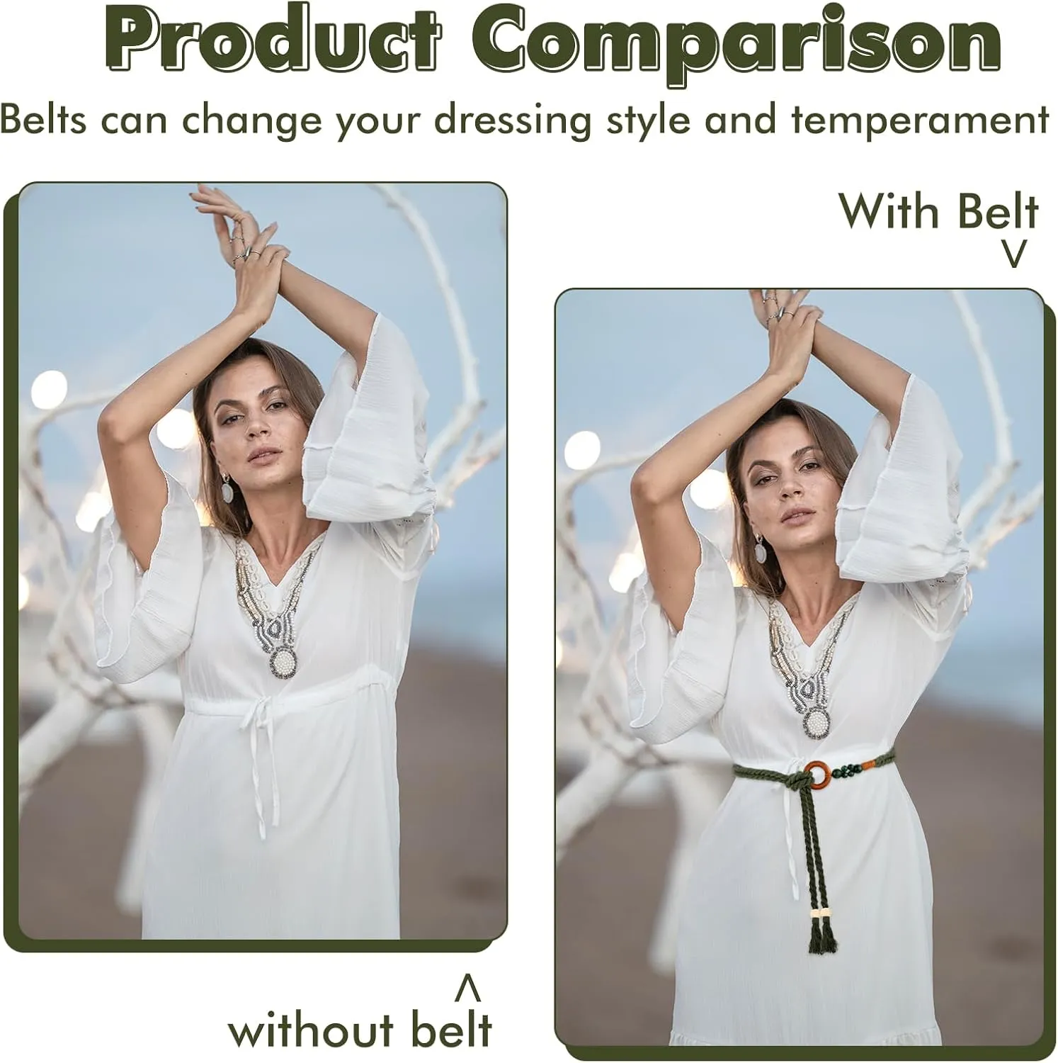 Women's Tassel Braided Waist Belt, Skinny Woven Belt for Dress Waist Belt Rope Chain with Woven Wooden Beads