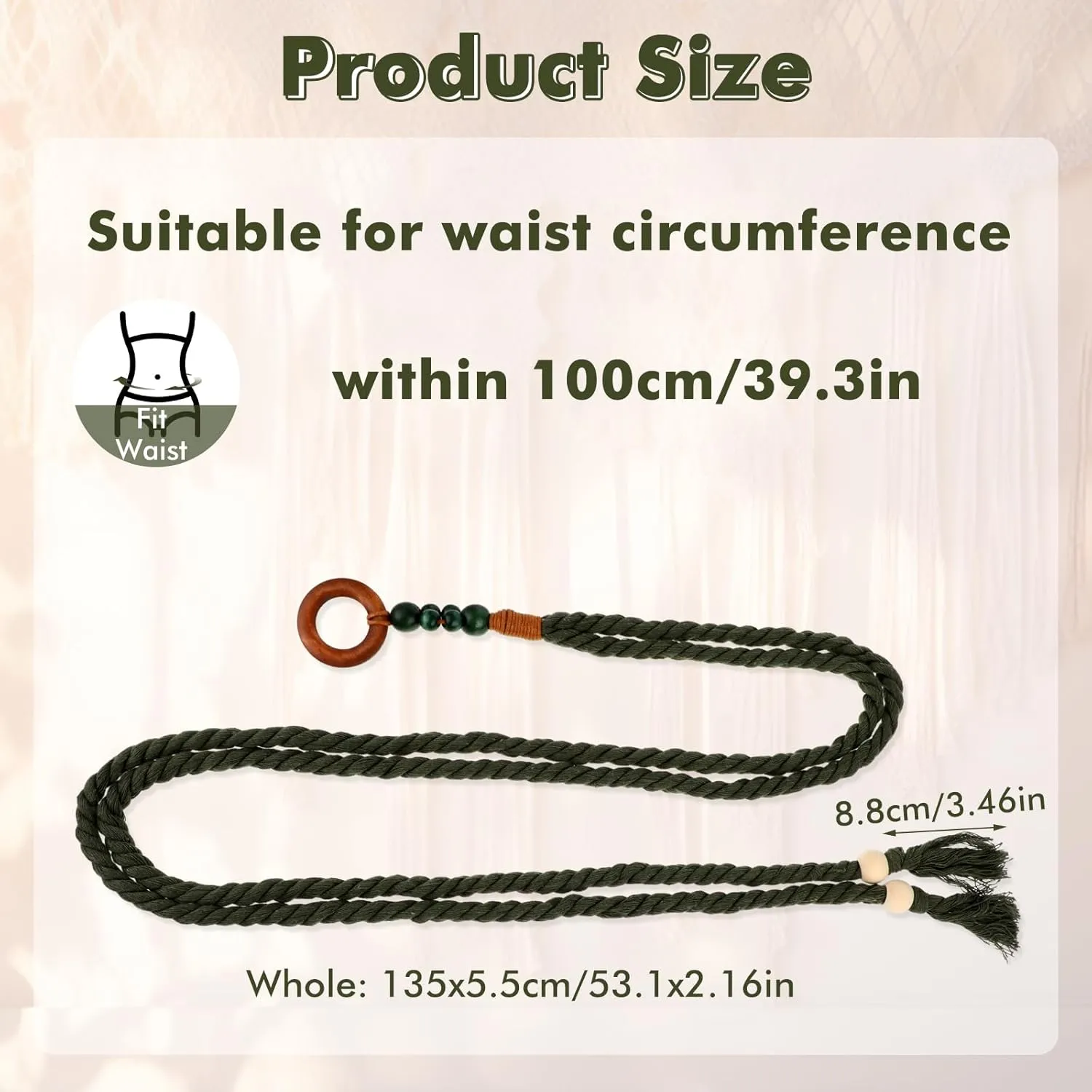 Women's Tassel Braided Waist Belt, Skinny Woven Belt for Dress Waist Belt Rope Chain with Woven Wooden Beads