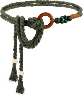 Women's Tassel Braided Waist Belt, Skinny Woven Belt for Dress Waist Belt Rope Chain with Woven Wooden Beads